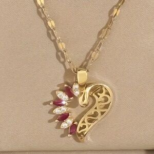 Diamond & Ruby Romantic Ornate Heart Gold Toned Necklace